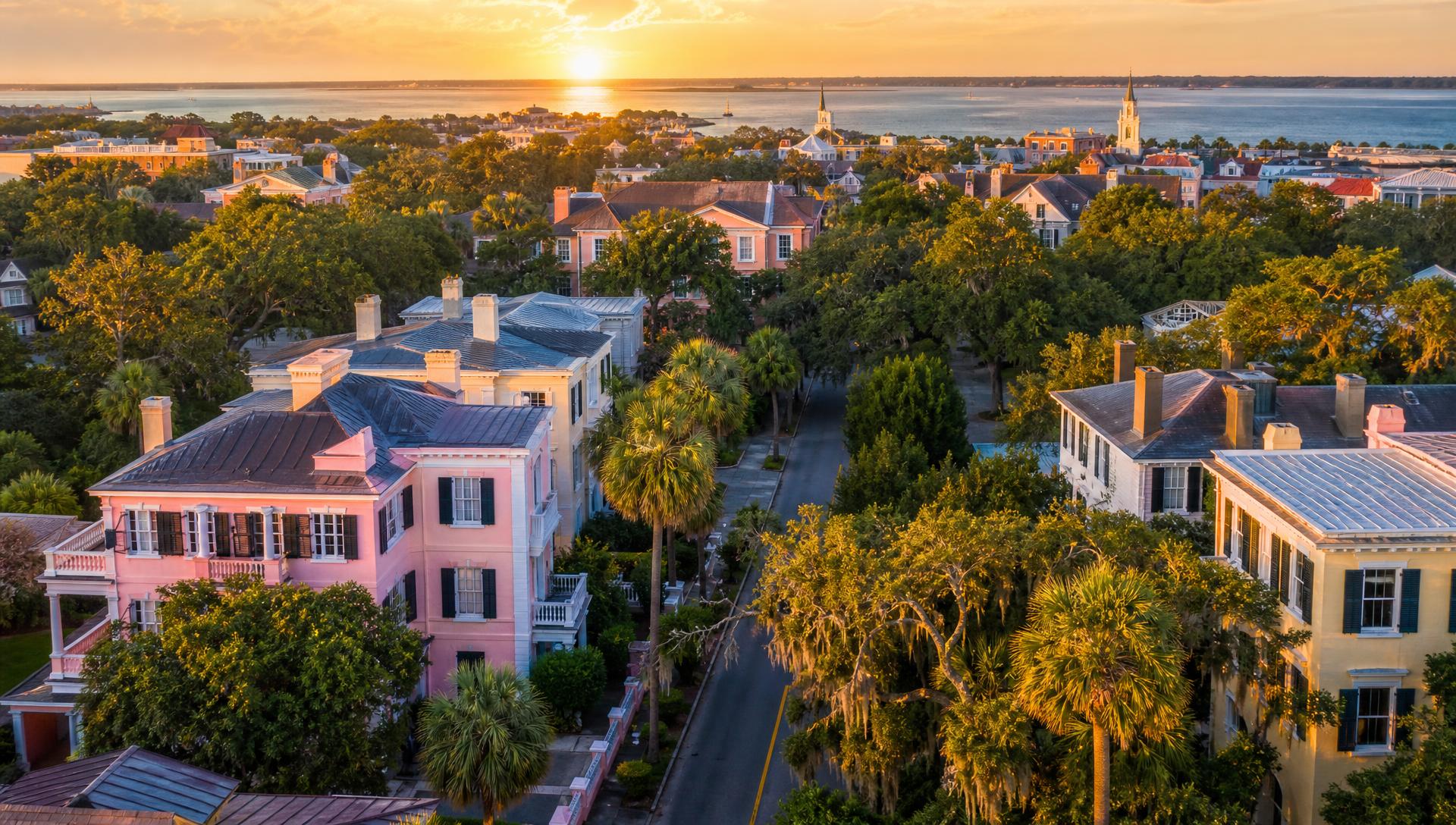 Aerial view of charming South Carolina coastal homes at golden hour